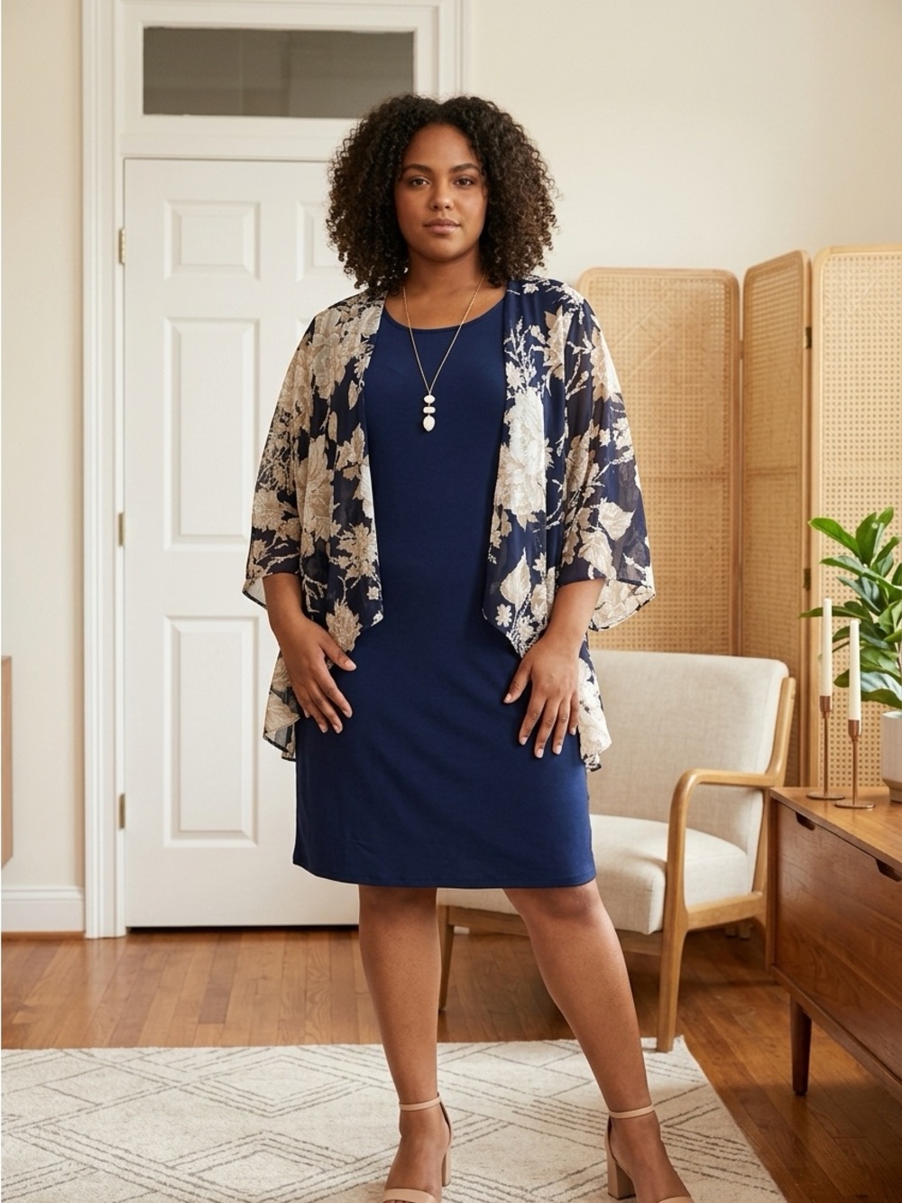 Sandra Darren Navy Dress with Cream Floral Kimono